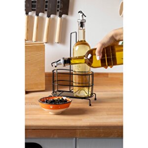 750 Ml 2'li Cam Yağdanlık Seti - Metal Standlı Zeytinyağı Ve Sıvı Yağ Şişesi Yağlık