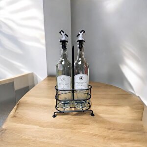 750 Ml 2'li Cam Yağdanlık Seti - Metal Standlı Zeytinyağı Ve Sıvı Yağ Şişesi Yağlık