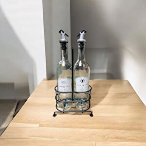 750 Ml 2'li Cam Yağdanlık Seti - Metal Standlı Zeytinyağı Ve Sıvı Yağ Şişesi Yağlık