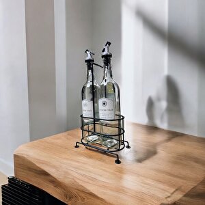 750 Ml 2'li Cam Yağdanlık Seti - Metal Standlı Zeytinyağı Ve Sıvı Yağ Şişesi Yağlık