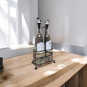750 Ml 2'li Cam Yağdanlık Seti - Metal Standlı Zeytinyağı Ve Sıvı Yağ Şişesi Yağlık