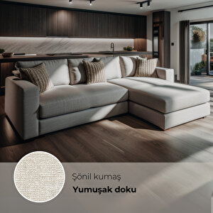 Yumi Yataklı Köşe Takımı & Puflu Köşe Koltuk Takımı - Krem Şönil Kumaş (sağ Köşe)