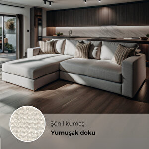 Yumi Yataklı Köşe Takımı & Puflu Köşe Koltuk Takımı - Krem Şönil Kumaş (sol Köşe)