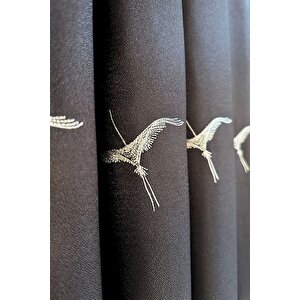 Anka Kuşu Nakışlı Kahve Fon Perde Tek Kanat 1x3 Sık Pile 380x250 cm