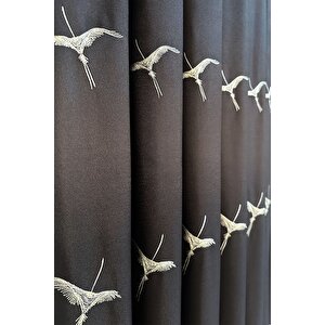 Anka Kuşu Nakışlı Kahve Fon Perde Büzgülü Pilesiz Tek Kanat 400x250 cm