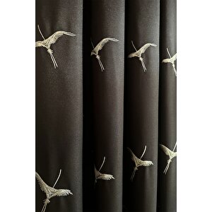 Anka Kuşu Nakışlı Kahve Fon Perde Tek Kanat 1x3 Sık Pile 290x250 cm