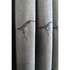 Anka Kuşu Nakışlı Gri Fon Perde Tek Kanat 1x3 Sık Pile 130x250 cm