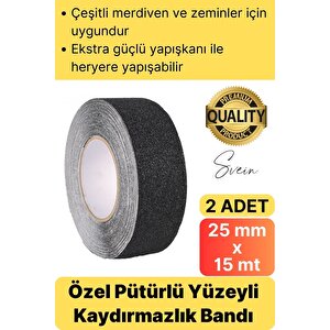 Premium 2 Adet 25mm X 15mt Siyah Kaydırmaz Bant Yapışkanlı Merdiven Basamak Zemin Güçlü Tutunabilen