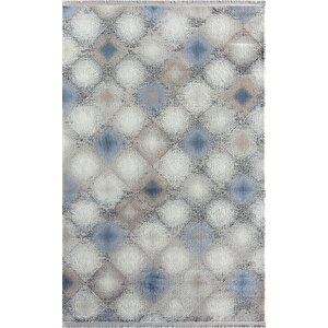 Soft 1802 Gri Halı Bej Mavi Detaylı Geometrik Desenli Modern Akrilik Tozuaz Salon Halısı Koridor 80x300 cm