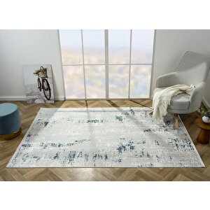 Zenith Zn008a Gri Halı Lacivert Detaylı Modern Yumuşak Kadife İnce Antialerjik Salon Koridor Halısı 195x290 cm
