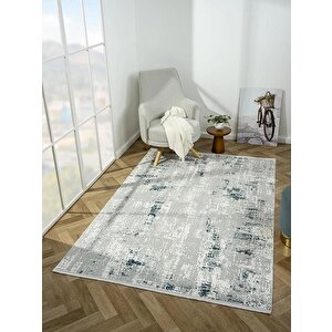 Zenith Zn008a Gri Halı Lacivert Detaylı Modern Yumuşak Kadife İnce Antialerjik Salon Koridor Halısı 77x150 cm