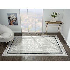 Zenith Zn004a Gri Halı Antrasit Detaylı Lacivert Kenar Çerçeveli Yumuşak Kadife İnce Modern Halı 97x200 cm
