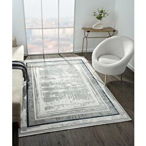 Zenith Zn004a Gri Halı Antrasit Detaylı Lacivert Kenar Çerçeveli Yumuşak Kadife İnce Modern Halı 97x200 cm