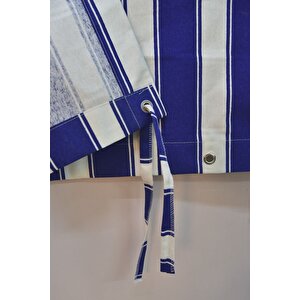 Kalın Düğmeli Kuş Gözlü Bağcık Hediyeli Balkon Perdesi Mavi-beyaz 140x250 cm