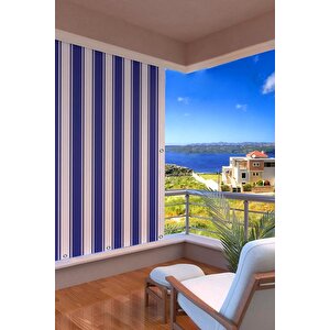 Kalın Düğmeli Kuş Gözlü Bağcık Hediyeli Balkon Perdesi Mavi-beyaz