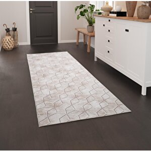 Karo Küp Desenli Kahverengi Renkli Kaymaz Taban Yıkanabilir Halı 120x1500 cm
