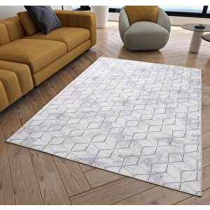 Çizgili Küp Karo Desenli Gri Renkli Kaymaz Taban Yıkanabilir Dijital Baskı Halı 120x1500 cm