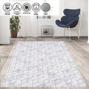 Çizgili Küp Karo Desenli Gri Renkli Kaymaz Taban Yıkanabilir Dijital Baskı Halı 120x1500 cm