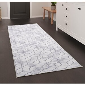 Çizgili Küp Karo Desenli Gri Renkli Kaymaz Taban Yıkanabilir Dijital Baskı Halı 120x1500 cm
