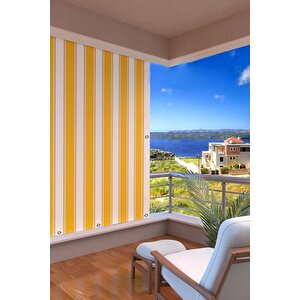 Kalın Düğmeli Kuş Gözlü Bağcık Hediyeli Balkon Perdesi Sarı-beyaz 460x220 cm