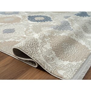 Soft 714 Gri Halı Lacivert Kahve Çiçek Desenli Modern Akrilik Tozuaz Salon Halısı Yatak Odası Halısı