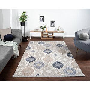 Soft 714 Gri Halı Lacivert Kahve Çiçek Desenli Modern Akrilik Tozuaz Salon Halısı Yatak Odası Halısı 80x300 cm