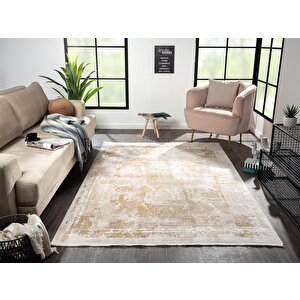 Merit Mr003s Krem Halı Gold Detaylı Ince Yumuşak Akrilik Tozuaz Modern Salon Halısı Koridor Halısı 190x190 cm