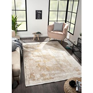 Merit Mr003s Krem Halı Gold Detaylı Ince Yumuşak Akrilik Tozuaz Modern Salon Halısı Koridor Halısı 76x150 cm