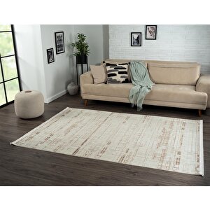 Best 108 Bej Halı Vizon Detaylı Ince Parlak Makinada Yıkanabilir Antialerjik Modern Salon Halısı 80x300 cm