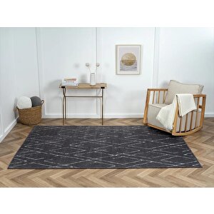 Lenda Ld006a Antrasit Kilim Gri Detaylı Ince Antialerjik Kaymaz Taban Makinada Yıkanabilir Halı 80x300 cm