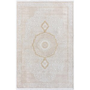 Elit El004s Krem Halı Gold Detaylı Göbekli Kenar Çerçeveli Ince Yumuşak Akrilik Tozuaz Modern Salon 95x200 cm