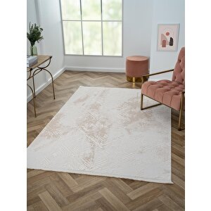Kaftan Kf007b Bej Halı Geometrik Kabartma Desenli Akrilik Halı Tozuaz Salon Halısı Yatak Odası 195x290 cm