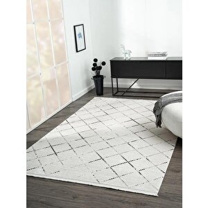 Elegance Eg010a Beyaz Halı Geometrik Detaylı Modern Viskon Doğal Iplik Bambu Halı Tozu Az Salon Halı 78x300 cm