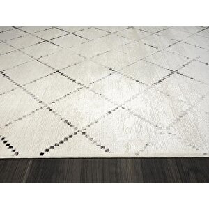 Elegance Eg010a Beyaz Halı Geometrik Detaylı Modern Viskon Doğal Iplik Bambu Halı Tozu Az Salon Halı