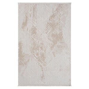 Kaftan Kf007b Bej Halı Geometrik Kabartma Desenli Akrilik Halı Tozuaz Salon Halısı Yatak Odası 116x180 cm
