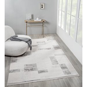 Truva Tv035g Krem Rengi Halı Gri Geometrik Detaylı Akrilik Yumuşak Modern Salon Halısı 78x300 cm