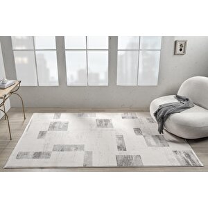 Truva Tv035g Krem Rengi Halı Gri Geometrik Detaylı Akrilik Yumuşak Modern Salon Halısı 195x290 cm
