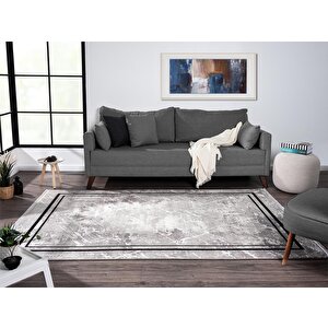 Dark Dk006g Gri Halı Eskitme Geometrik Detaylı Kenar Çerçeveli Akrilik Tozuaz Modern Salon Halısı 77x150 cm