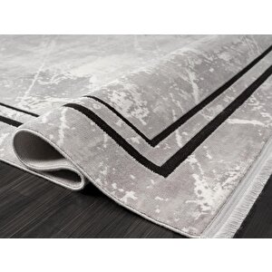 Dark Dk006g Gri Halı Eskitme Geometrik Detaylı Kenar Çerçeveli Akrilik Tozuaz Modern Salon Halısı 77x150 cm
