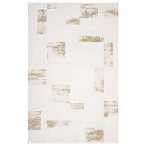 Truva Tv035s Krem Rengi Halı Gold Geometrik Detaylı Akrilik Yumuşak Modern Salon Halısı 97x300 cm