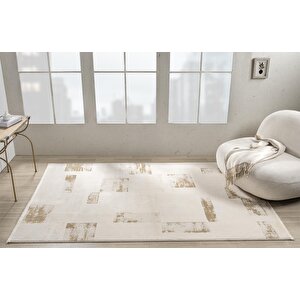 Truva Tv035s Krem Rengi Halı Gold Geometrik Detaylı Akrilik Yumuşak Modern Salon Halısı 97x300 cm