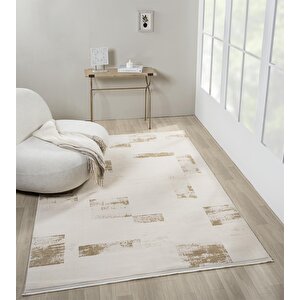 Truva Tv035s Krem Rengi Halı Gold Geometrik Detaylı Akrilik Yumuşak Modern Salon Halısı 97x300 cm