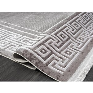 Trend 2809 Gri Halı Krem Kenar Çerçeveli Modern Ince Yumuşak Akrilik Tozuaz Salon Halısı Koridor