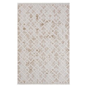 Kaftan Kf008a Bej Halı Kahverengi Detaylı Geometrik Kabartma Desenli Akrilik Halı Tozuaz 116x180 cm