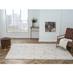 Kaftan Kf008a Bej Halı Kahverengi Detaylı Geometrik Kabartma Desenli Akrilik Halı Tozuaz 116x180 cm