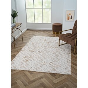 Kaftan Kf008a Bej Halı Kahverengi Detaylı Geometrik Kabartma Desenli Akrilik Halı Tozuaz 116x180 cm