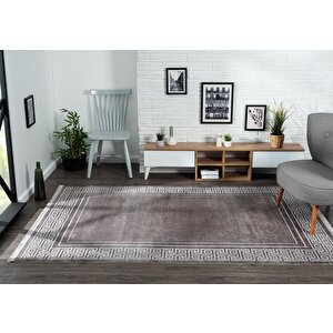 Trend 2809 Gri Halı Krem Kenar Çerçeveli Modern Ince Yumuşak Akrilik Tozuaz Salon Halısı Koridor 76x300 cm