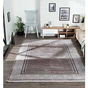 Trend 2809 Gri Halı Krem Kenar Çerçeveli Modern Ince Yumuşak Akrilik Tozuaz Salon Halısı Koridor 76x300 cm