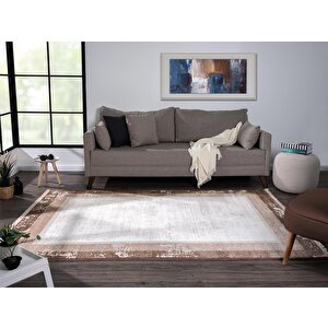 Dark Dk002a Bej Halı Kahverengi Kenar Çerçeveli Akrilik Tozuaz Modern Salon Halısı Yatak Odası 77x150 cm