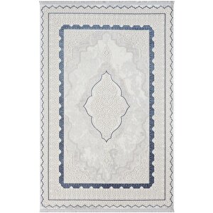 Dark Dk016m Gri Halı Mavi Kenar Çerçeveli Göbekli Akrilik Tozuaz Modern Salon Halısı Koridor Halısı 78x300 cm